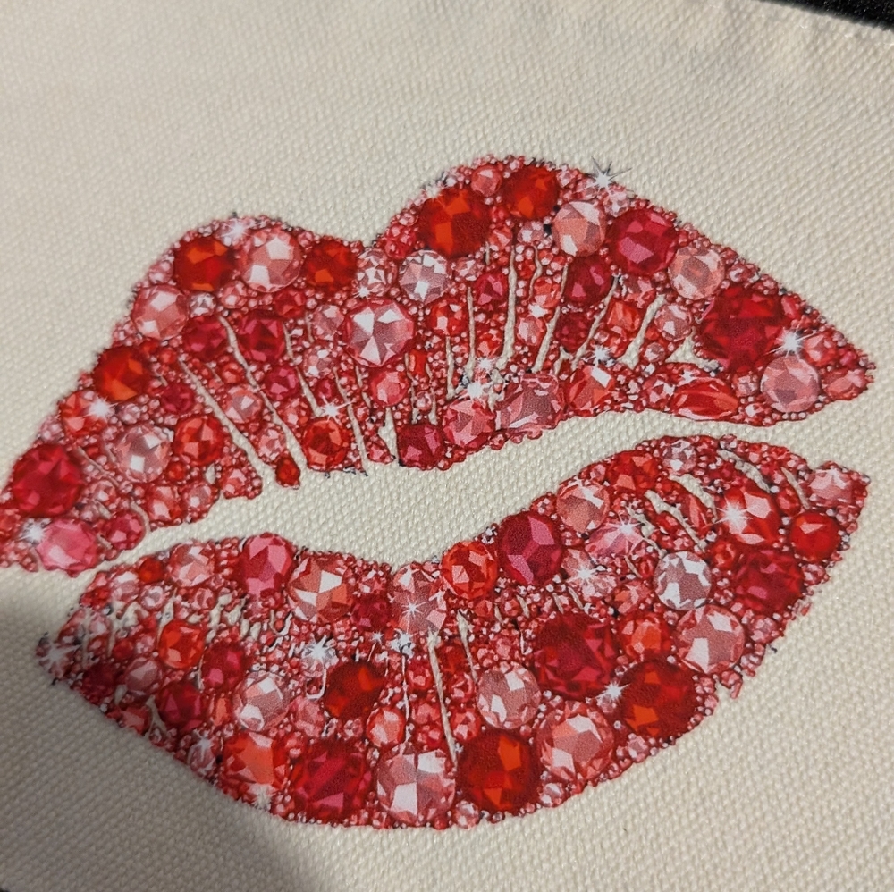 Red and Pink Gemstone Lip Design Canvas Pouch